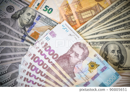 Dollar banknotes of the USA. Amerikan dollars. Money of USA and Ukrainian hryvnia. 1000 Ukrainian hryvnia 90805651