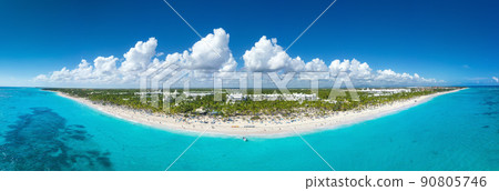 Bounty coastline with resorts, palm trees, caribbean sea and people having fun on beach. Dominican Republic. Aerial panorama view 90805746