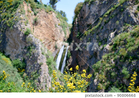 Waterfall landscape. Ayun's fall water stream. River Nahal Ayun . Nature Reserve and National park. Upper Galilee, Israel 90806668