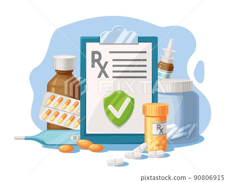 Medicine prescription. Formular for RX drugs, pills and medicines. Medical list for treatment, healthcare diagnoses and proper dosing list vector illustration 90806915