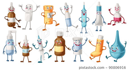 Cartoon medicinals characters. Pills bottle mascot, surprised medical syringe and happy medications. Cute pharmaceutical tablets Cartoon medicinals characters. Pills bottle mascot, surprised medical syringe and happy medications. Cute pharmaceutical tablets 90806916