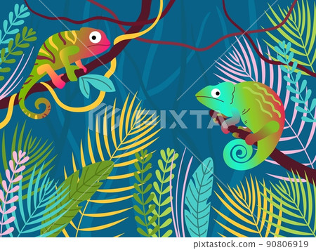 Chameleon forest. Fantasy tropical jungle forest with color lizards, reptile animals on branch vector illustration 90806919