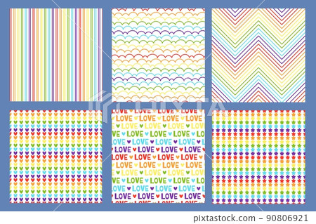 Seamless pride pattern. Rainbow gradient lines, hearts stripes and love text in LGBT flag colors seamless vector backgrounds set 90806921
