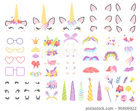 Unicorn designer. Create your own unicorns with magic horns, rainbow hairstyles and cute eyelashes. Flower wreath, accessories vector constructor 90806922