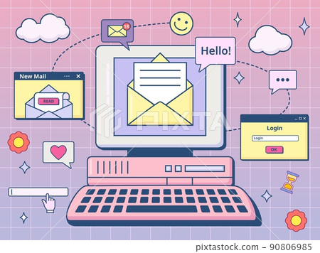 Retro ui mail. Email mailbox with envelope on 90s computer screen, internet nostalgia vector illustration 90806985