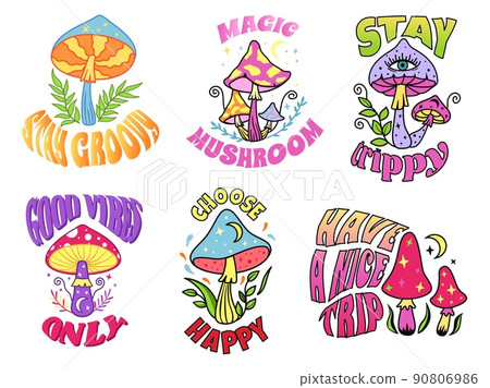 Psychedelic mushroom slogans. Stay groovy and trippy print, 70s good vibes and magic trip mushrooms posters vector set 90806986