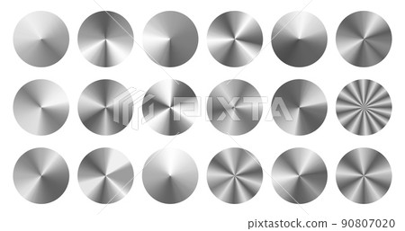 Conical metal gradients. Radial metallic knob, silver disc and brushed steel circles vector set 90807020