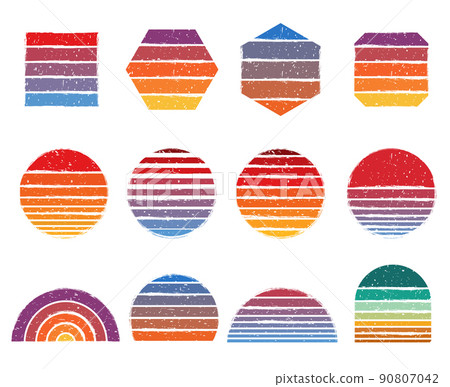 Retro sunsets shapes. Vintage 90s lines, retro stripe grunge gradient backgrounds vector set 90807042