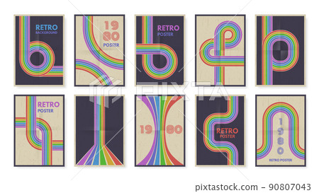 Retro geometric lines posters. Rainbow color path, 80s groovy stripes and minimal poster design vector set 90807043