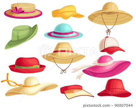 Female summer hats. Beach sun cap, vacation panama and stylish lady hat cartoon vector set 90807044