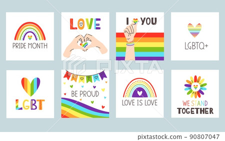 Square pride poster. Prride mounth celebration, love with heart gesture and lgbtq plus social media post vector set 90807047