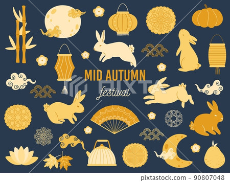 Mid autumn festival rabbits. Lotus mooncake, asian moon with clouds and gold rabbit vector Illustration set 90807048