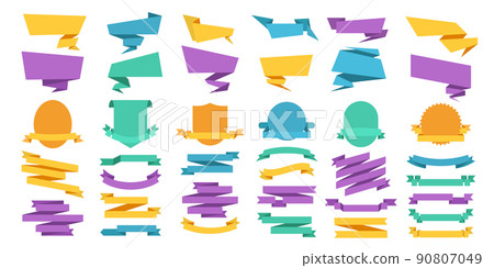 Ribbons label set. Origami message badge, retro ribbon banner frame and paper medal template vector set Ribbons label set. Origami message badge, retro ribbon banner frame and paper medal template vector set 90807049