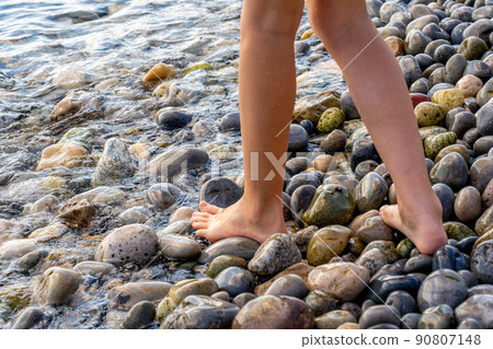 A girl's feet walk along pebble coast of the sea. The girl's legs close up. A girl's feet walk along pebble coast of the sea. The girl's legs close up. 90807148