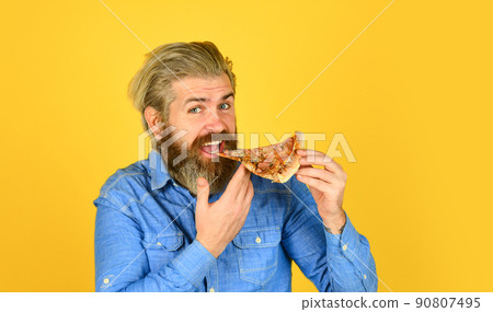 Hold italian pizza slice. man from delivery service.  90807495