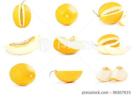 Set of yellow cantaloupe isolated on a white background cutout Set of yellow cantaloupe isolated on a white background cutout 90807635
