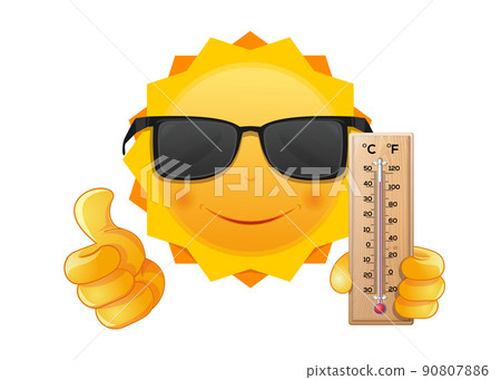 Smiling sun in dark glasses holds a thermometer Smiling sun in dark glasses holds a thermometer 90807886