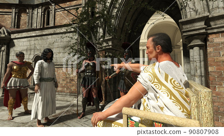 Jesus stands before Pilate with Roman soldiers. Bible illustration. 3d rendering illustration. Jesus stands before Pilate with Roman soldiers. Bible illustration. 3d rendering illustration. 90807908