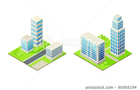 Modern skyscrapers and urban buildings set isometric vector illustration 90808194