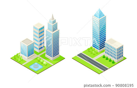Skyscrapers and modern city houses set. Exterior of urban buildings isometric vector illustration Skyscrapers and modern city houses set. Exterior of urban buildings isometric vector illustration 90808195