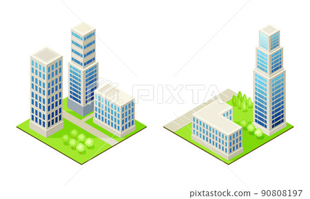 Skyscrapers modern city houses. Exterior of urban buildings isometric vector illustration Skyscrapers modern city houses. Exterior of urban buildings isometric vector illustration 90808197