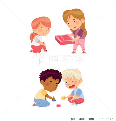 Kids playing with toy blocks and solving puzzle together cartoon vector illustration 90808242