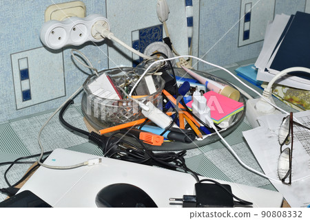 Work clutter on the table at home. Work clutter on the table at home. 90808332