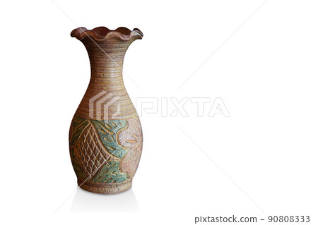 antique brown and green pottery vase on white background, vintage, object, retro, ancient, copy space antique brown and green pottery vase on white background, vintage, object, retro, ancient, copy space 90808333