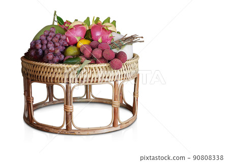 auspicious fruit, lychee, purple grape, grapefruit, coconut, pitaya fruit, green banana, orange placed on a wooden tray on white background, fruit, object, copy space auspicious fruit, lychee, purple grape, grapefruit, coconut, pitaya fruit, green banana, orange placed on a wooden tray on white background, fruit, object, copy space 90808338