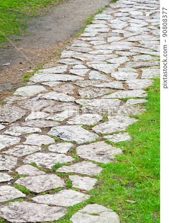 Walkway stone pavement in a landscaped garden with green summer grass. Vertical view 90808377