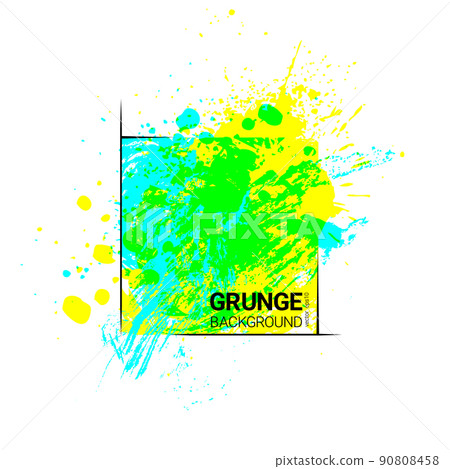 Bright ink watercolor splash, colorful blobs, abstract drops and strokes with black linear square on white background. Vector illustration Bright ink watercolor splash, colorful blobs, abstract drops and strokes with black linear square on white background. Vector illustration 90808458