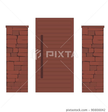 Gate and stone fence. Vector stock illustration. Outdoor landscape. Security and privacy concept. Isolated on a white background. Gate and stone fence. Vector stock illustration. Outdoor landscape. Security and privacy concept. Isolated on a white background. 90808842
