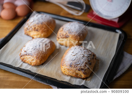 freshly baked almond croissants image 90809100