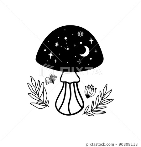 Celestial mushroom. Mystical boho mushroom with stars, moon. Black mushroom graphic element isolated. Magic line celestial mushroom, witch esoteric logo Astrology vector illustration Celestial mushroom. Mystical boho mushroom with stars, moon. Black mushroom graphic element isolated. Magic line celestial mushroom, witch esoteric logo Astrology vector illustration 90809118