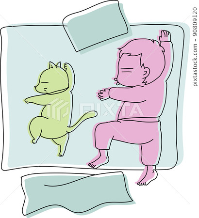 A child sleeping in the same pose as a cat 90809120