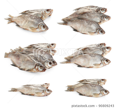 Set of tasty dry fish on white background 90809243