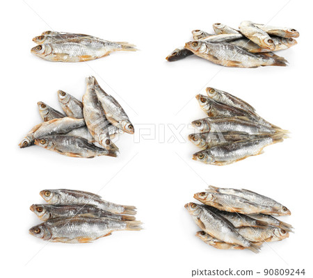Set of tasty dry fish on white background 90809244