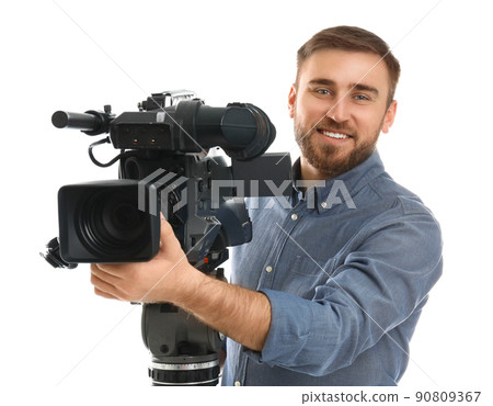 Operator with professional video camera on white background Operator with professional video camera on white background 90809367