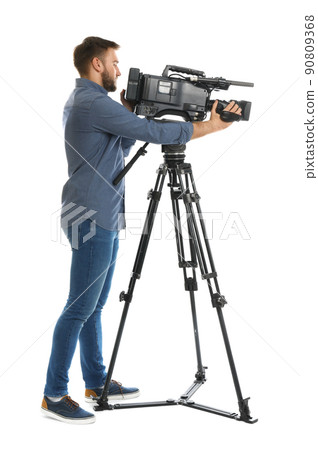 Operator with professional video camera on white background Operator with professional video camera on white background 90809368