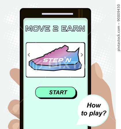 Smartphone with virtual shoes, text move 2 earn and button start Smartphone with virtual shoes, text move 2 earn and button start 90809430