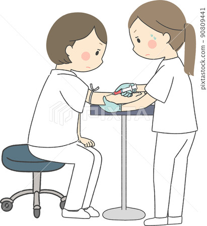 Trainee nurse practicing blood sampling Trainee nurse practicing blood sampling 90809441