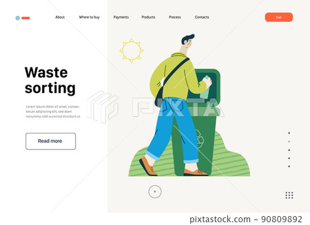 Ecology - Waste sorting -Modern flat vector concept illustration of a young man putting a glass bottle into the garbage container for glass waste. Creative landing web page template 90809892