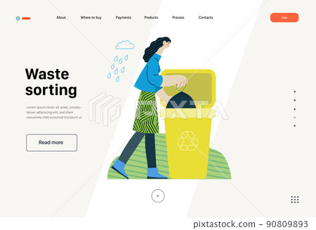 Ecology - Waste sorting -Modern flat vector concept illustration of a young woman putting a trash bag into the garbage container for plastic waste. Creative landing web page template Ecology - Waste sorting -Modern flat vector concept illustration of a young woman putting a trash bag into the garbage container for plastic waste. Creative landing web page template 90809893