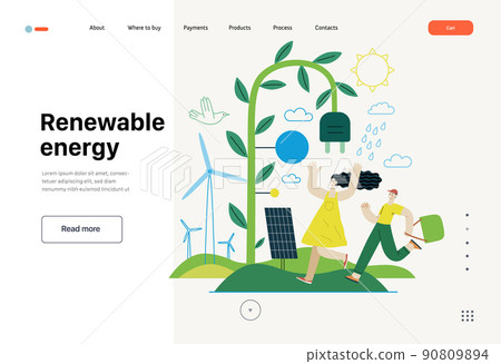 Ecology - Renewable energy -Modern flat vector concept illustration of Solar panels, Wind turbines, Rain power. A young woman and a boy running. Creative landing web page template Ecology - Renewable energy -Modern flat vector concept illustration of Solar panels, Wind turbines, Rain power. A young woman and a boy running. Creative landing web page template 90809894