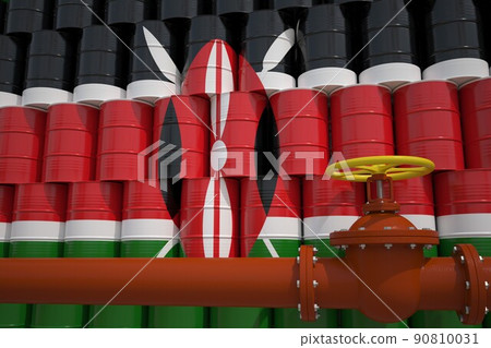 Oil pipe and barrels with painted flag of Kenya. Petroleum industry related 3d rendering 90810031