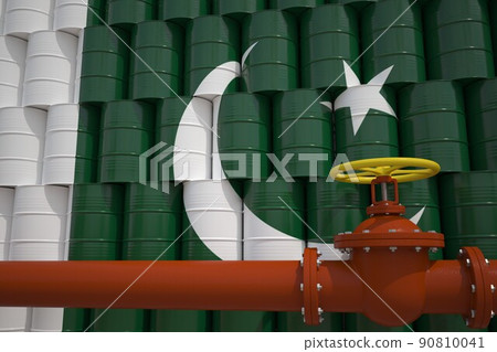 Many barrels with flag of Pakistan and oil pipe. 3d rendering Many barrels with flag of Pakistan and oil pipe. 3d rendering 90810041