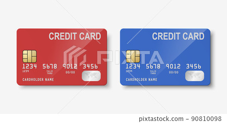 Vector 3d Realistic Red and Blue Blank Credit Card Isolated. Design Template of Plastic Credit or Debit Card for Mockup, Branding. Credit Card Payment Concept. Front Side 90810098