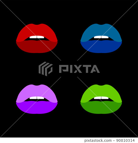 Illustration of red, blue, green and purple parted lips. 90810314
