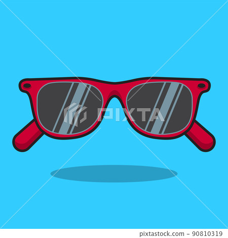 Cartoon illustration of red sunglasses, with shadow, on a blue background. Cartoon illustration of red sunglasses, with shadow, on a blue background. 90810319