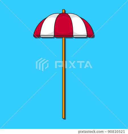 Cartoon illustration of a red and white beach umbrella, on a blue background. Cartoon illustration of a red and white beach umbrella, on a blue background. 90810321